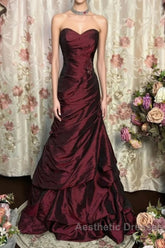 Wine Red Strapless Long Taffeta Sweet 16 Dresses, Wine Red Sweetheart Evening Prom Dresses Formal Gown